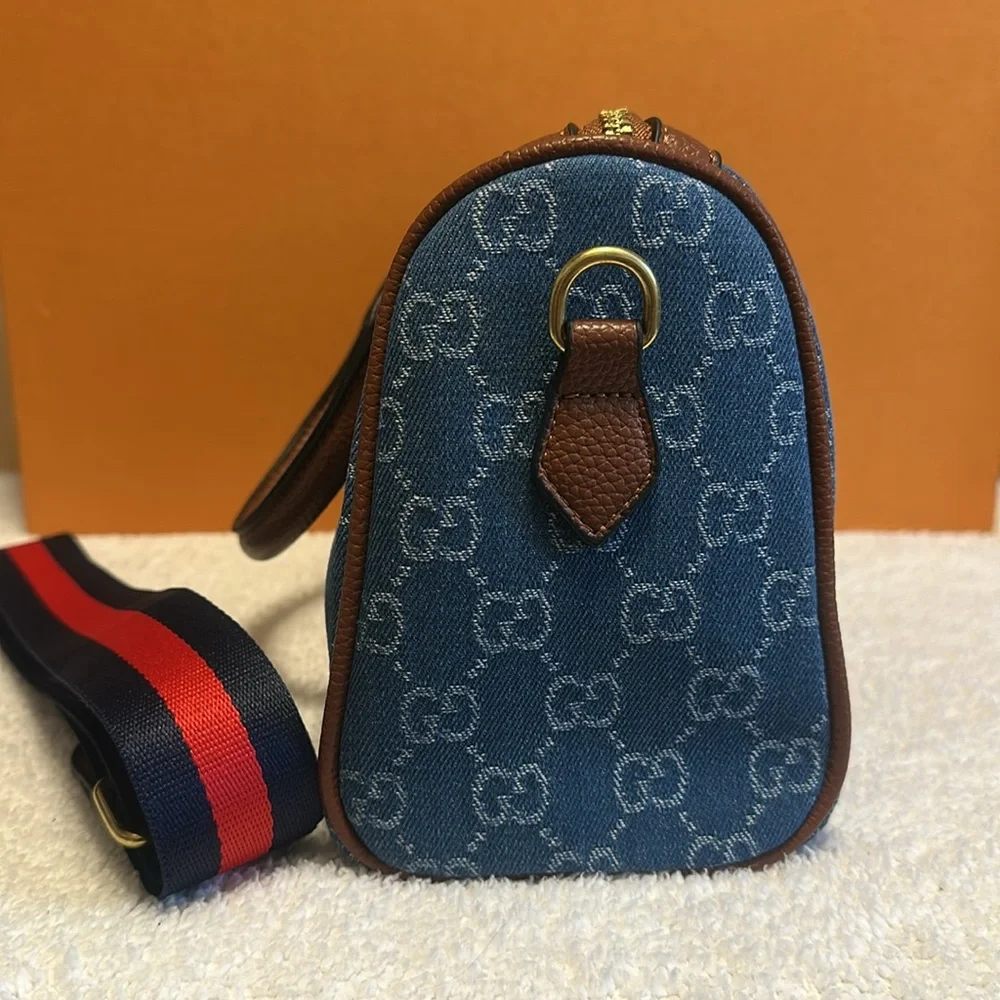 Gucci Denim GG Top-Handle Satchel with Red and Navy Stripe - Picture 2 of 9